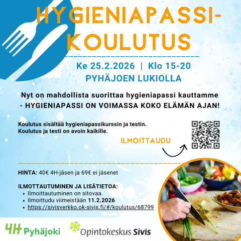 Nyt on mahdollista suorittaa hygieniapassi koulutus ja testi Pyhäjoella. Hygieniapassi on voimassa koko elämän ajan!