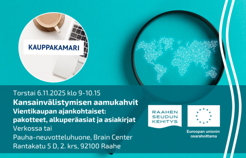 Tapahtuman tiedot ja taustalla kauppakamarin logo sekä maailmankartta suurennuslasin alla.