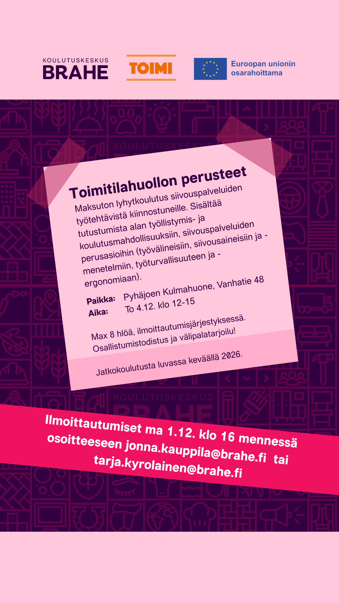 Mainos toimitilahuollon lyhytkoulutuksesta 4.12.25 klo 12-15