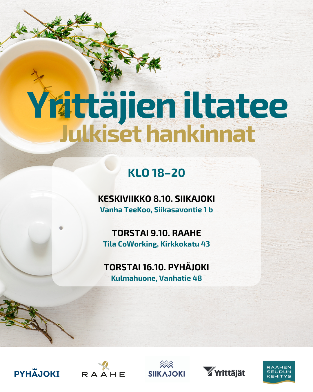 Yrittäjien iltatee -tilaisuus 16.10.2025 Tervetuloa mukaan rentoon ja maksuttomaan yrittäjien iltateetilaisuuteen! Illan aikana kuulemme yleistä ja ajankohtaista tietoa julkisiin hankintoihin osallistumisesta, yhteistarjoamisesta ja markkinavuoropuhelusta.