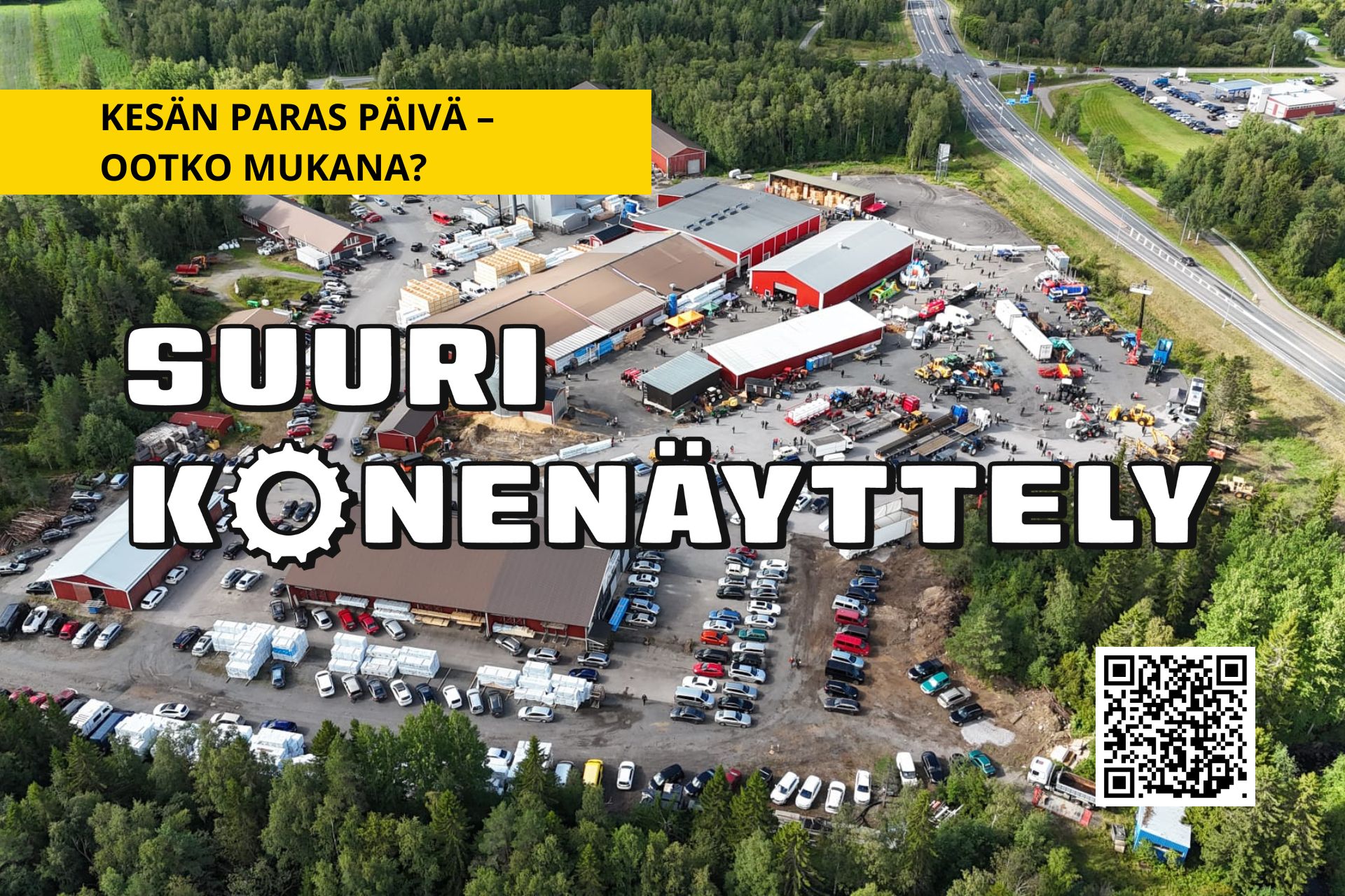 Dronella otettu kuva tapahtuma-alueesta, päällä teksti Suuri Konenäyttely