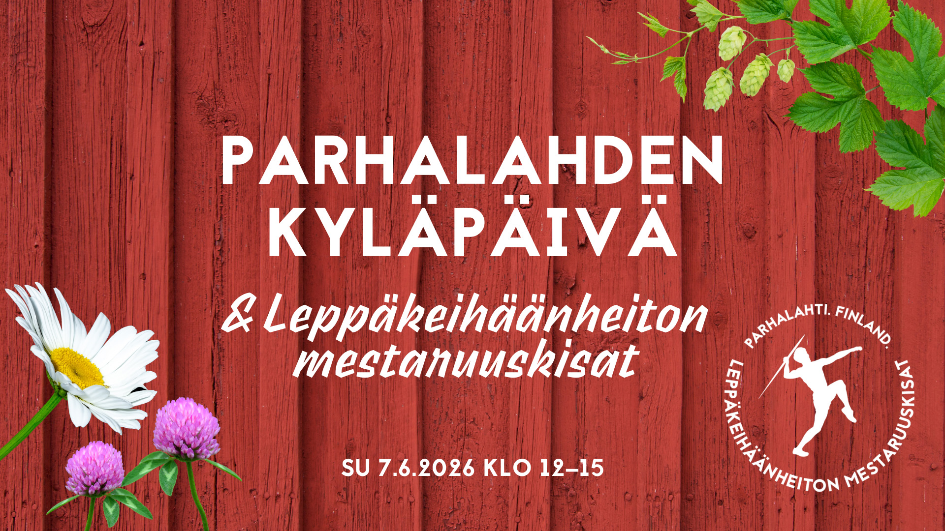 Parhalahden kyläpäivän logo punaisella lautaseinätaustalla, jossa kesäkukkia koristeena